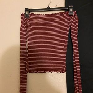 Long sleeve red white stripped off shoulder shirt